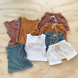 Fashion Summer Kids Baby Girls Boys Outfit Suit Cotton Linen Clothes Set Toddler Solid Casual Vest Tops Short Pants 2Pcs Set