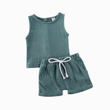 Fashion Summer Kids Baby Girls Boys Outfit Suit Cotton Linen Clothes Set Toddler Solid Casual Vest Tops Short Pants 2Pcs Set