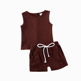 Fashion Summer Kids Baby Girls Boys Outfit Suit Cotton Linen Clothes Set Toddler Solid Casual Vest Tops Short Pants 2Pcs Set