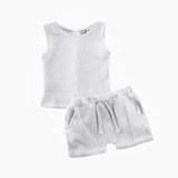 Fashion Summer Kids Baby Girls Boys Outfit Suit Cotton Linen Clothes Set Toddler Solid Casual Vest Tops Short Pants 2Pcs Set