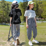 Girls Summer Children Clothes Outfits T-shirt + Plaid Pants Casual Tracksuit For Kids Clothing Two-Piece