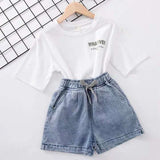 White Cotton Girls Clothing T shirt + Denim Shorts Jeans Costume For Girls Teenage kids Children's Clothes 4 6 8 10 12 14 Years